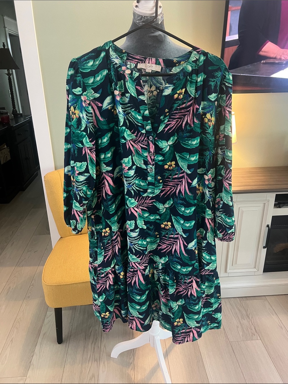 LOFT Navy Green Pink Tropical Print Long Sleeve Tunic Dress